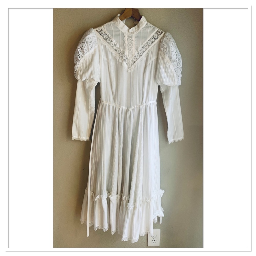 Gunne Sax By Jessica Vintage Prairie Dress Lace Puff Sleeve White Size Small